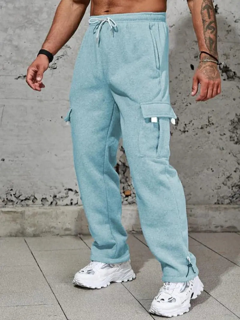 Men'S Plain Pockets Drawstring Waist Wide Leg Pants, Fashion Casual Loose Fit Straight Leg Trousers, Men'S Tracksuit for Fitness Travel, Machine Washable Pants, Work Trousers, Outdoor Activewear